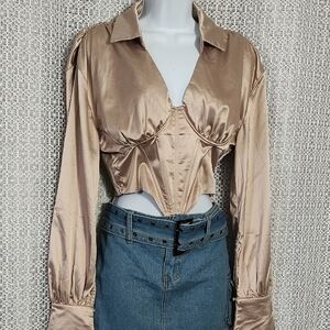 Chic Satin Blouse in Tan